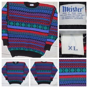 Vintage David Meister Ski Sweater XL 100% New Wool Pullover Crewneck 80s 90s EUC